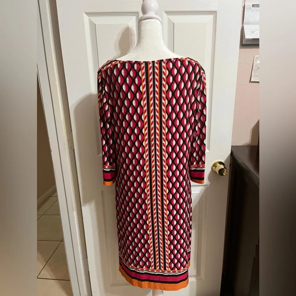 (26) Calvin Klein Geometric Patterned Dress - Red and Orange